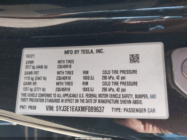 2021 Tesla Model 3 Standard Range Plus Rear-wheel Drive მანქანა იყიდება აუქციონზე, vin: 5YJ3E1EAXMF089637, აუქციონის ნომერი: 44804196