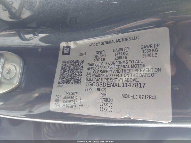 Aukcja sprzedaży 2020 Chevrolet Colorado 2wd  Short Box Z71, vin: 1GCGSDENXL1147817, numer aukcji: 44804202