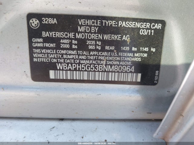 2011 Bmw 328i მანქანა იყიდება აუქციონზე, vin: WBAPH5G53BNM80964, აუქციონის ნომერი: 44804208