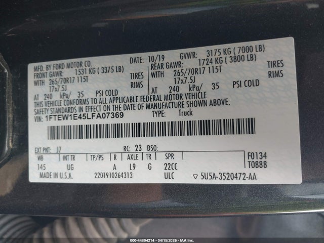 Продажа на аукционе авто 2020 Ford F-150 Xlt, vin: 1FTEW1E45LFA07369, номер лота: 44804214