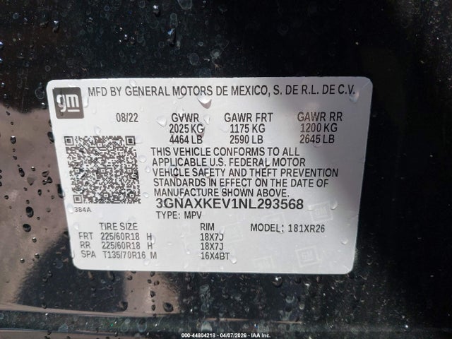 2022 Chevrolet Equinox Fwd Lt მანქანა იყიდება აუქციონზე, vin: 3GNAXKEV1NL293568, აუქციონის ნომერი: 44804218