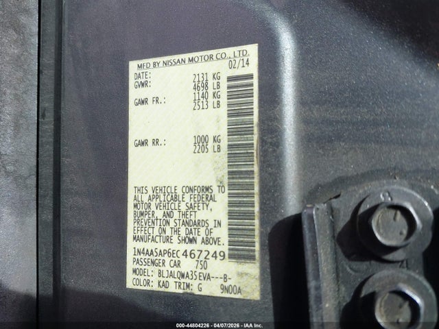 44804226 :رقم المزاد ، 1N4AA5AP6EC467249 vin ، 2014 Nissan Maxima 3.5 S/3.5 Sv مزاد بيع