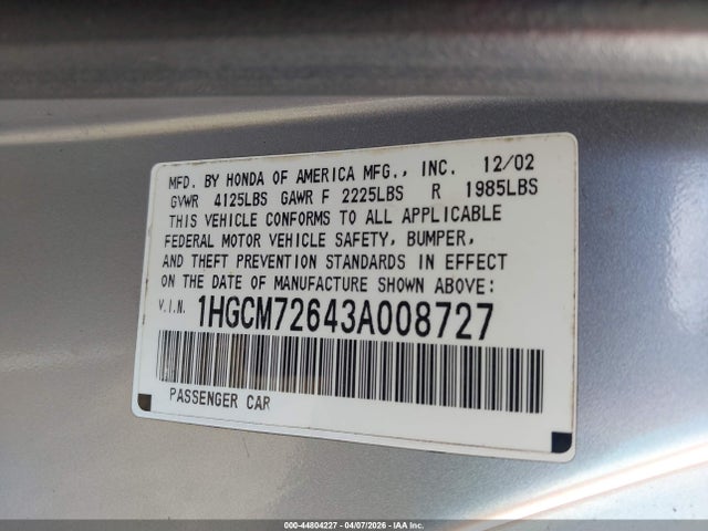 44804227 :رقم المزاد ، 1HGCM72643A008727 vin ، 2003 Honda Accord 2.4 Ex مزاد بيع