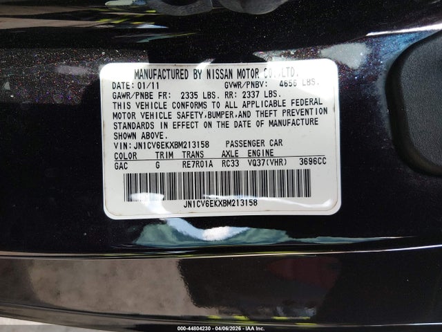 Aukcja sprzedaży 2011 Infiniti G37 Ipl, vin: JN1CV6EKXBM213158, numer aukcji: 44804230