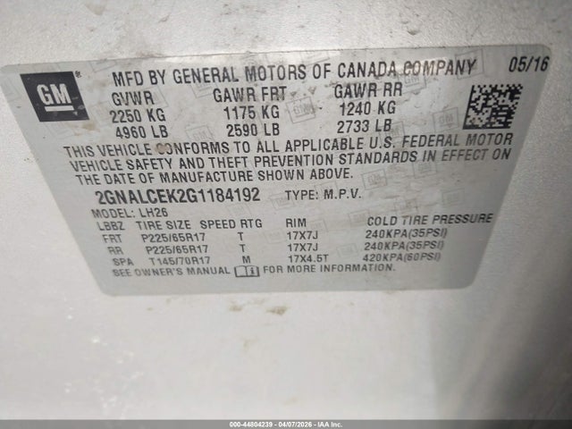 44804239 :رقم المزاد ، 2GNALCEK2G1184192 vin ، 2016 Chevrolet Equinox Lt مزاد بيع