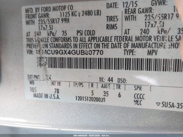 Продаж на аукціоні авто 2016 Ford Escape Se, vin: 1FMCU9GX4GUB80770, номер лоту: 44804240