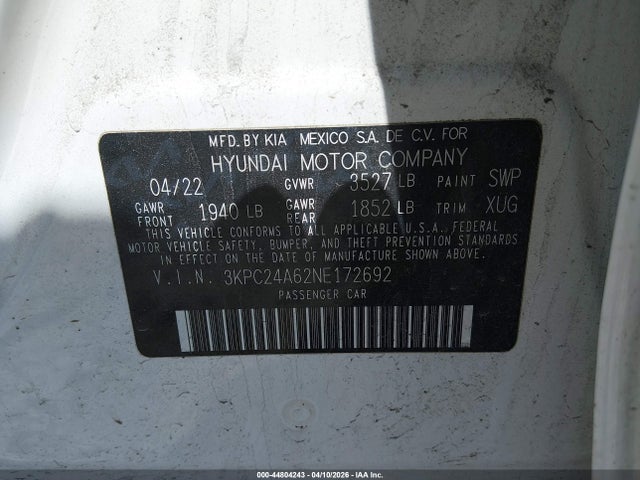 Продажа на аукционе авто 2022 Hyundai Accent Se, vin: 3KPC24A62NE172692, номер лота: 44804243