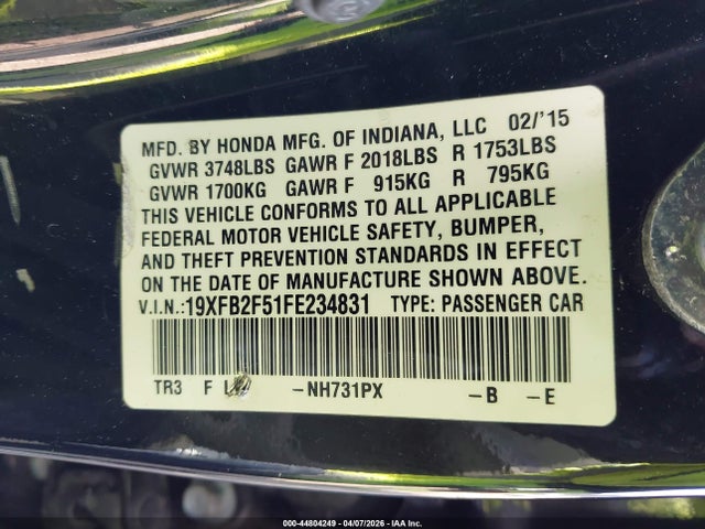 Honda Civic Lx 2015 19XFB2F51FE234831 Image 9