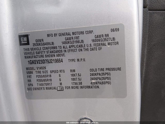 44804252 :رقم المزاد ، 1GKEV23D79J219664 vin ، 2009 Gmc Acadia Slt-1 مزاد بيع
