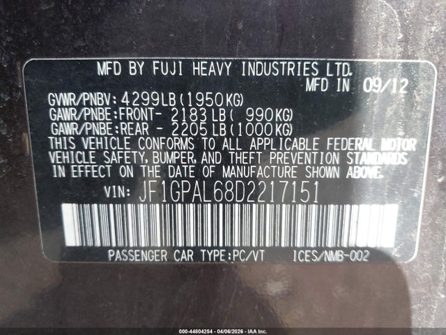 2013 Subaru Impreza 2.0i Sport Premium მანქანა იყიდება აუქციონზე, vin: JF1GPAL68D2217151, აუქციონის ნომერი: 44804254
