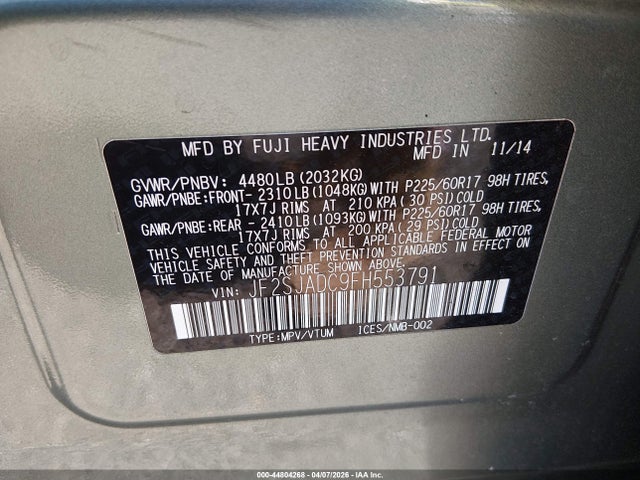 Aukcja sprzedaży 2015 Subaru Forester 2.5i Premium, vin: JF2SJADC9FH553791, numer aukcji: 44804268