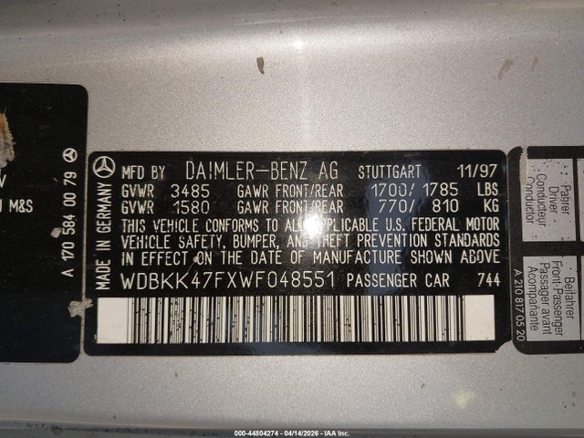 Продажа на аукционе авто 1998 Mercedes-benz Slk 230, vin: WDBKK47FXWF048551, номер лота: 44804274