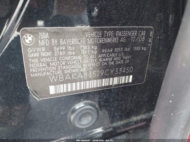 Aukcja sprzedaży 2009 Bmw 750i, vin: WBAKA83529CY33450, numer aukcji: 44804287