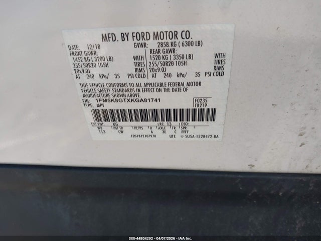 44804292 :رقم المزاد ، 1FM5K8GTXKGA81741 vin ، 2019 Ford Explorer Sport مزاد بيع