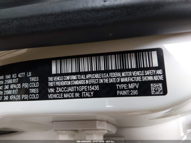 44804293 :رقم المزاد ، ZACCJABT1GPE15436 vin ، 2016 Jeep Renegade Latitude مزاد بيع