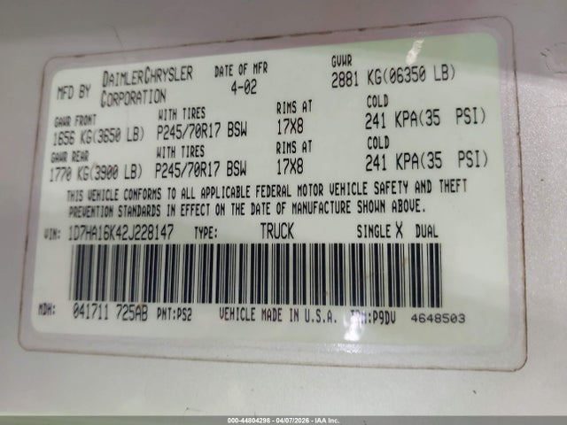 44804298 :رقم المزاد ، 1D7HA16K42J228147 vin ، 2002 Dodge Ram 1500 St مزاد بيع