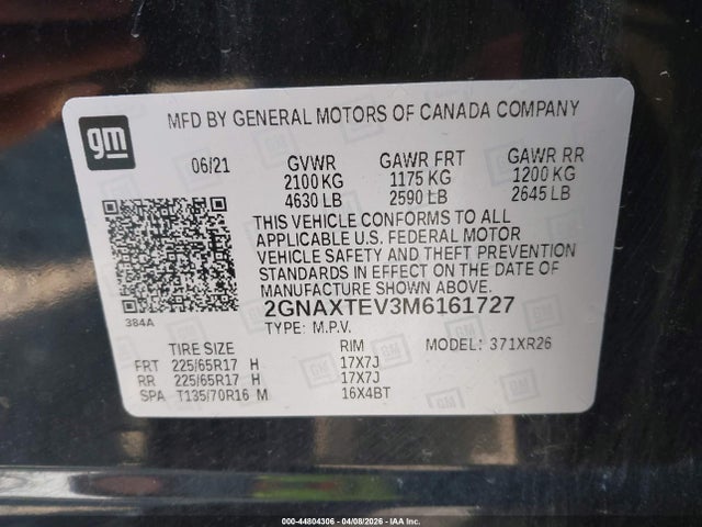 Продаж на аукціоні авто 2021 Chevrolet Equinox Awd 2fl, vin: 2GNAXTEV3M6161727, номер лоту: 44804306