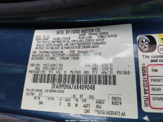 44804311 :رقم المزاد ، 3FAHP0HA7AR409048 vin ، 2010 Ford Fusion Se مزاد بيع