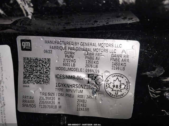 44804317 :رقم المزاد ، 1GYKNHRS0NZ182759 vin ، 2022 Cadillac Xt5 Sport مزاد بيع
