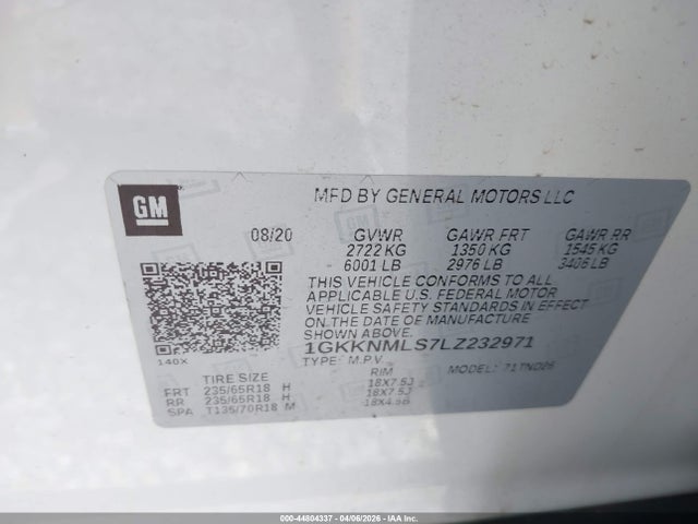 44804337 :رقم المزاد ، 1GKKNMLS7LZ232971 vin ، 2020 Gmc Acadia Fwd Slt مزاد بيع