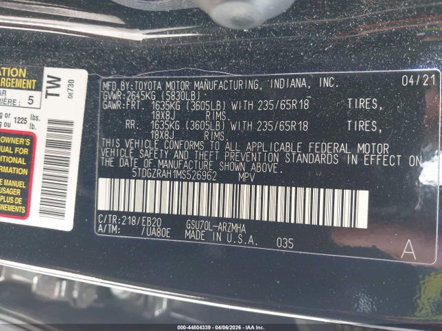 Продаж на аукціоні авто 2021 Toyota Highlander Xle, vin: 5TDGZRAH1MS526962, номер лоту: 44804339
