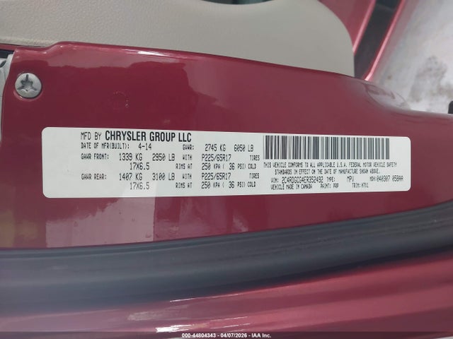 2014 Dodge Grand Caravan Sxt მანქანა იყიდება აუქციონზე, vin: 2C4RDGCG4ER352492, აუქციონის ნომერი: 44804343