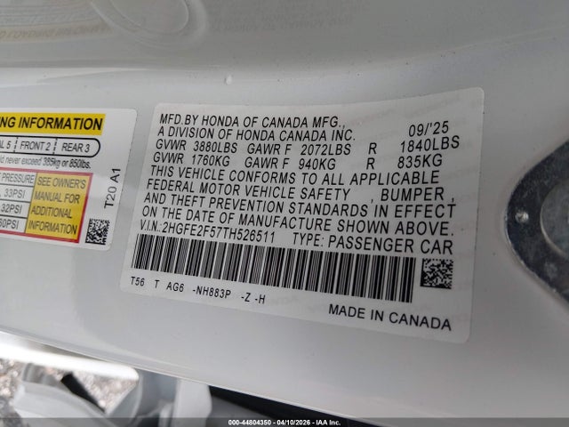 Продаж на аукціоні авто 2026 Honda Civic Sport, vin: 2HGFE2F57TH526511, номер лоту: 44804350