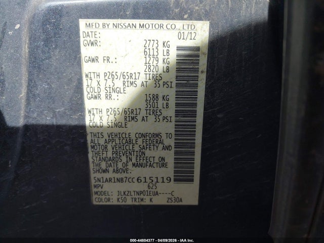 2012 Nissan Pathfinder Sv მანქანა იყიდება აუქციონზე, vin: 5N1AR1NB7CC615119, აუქციონის ნომერი: 44804377