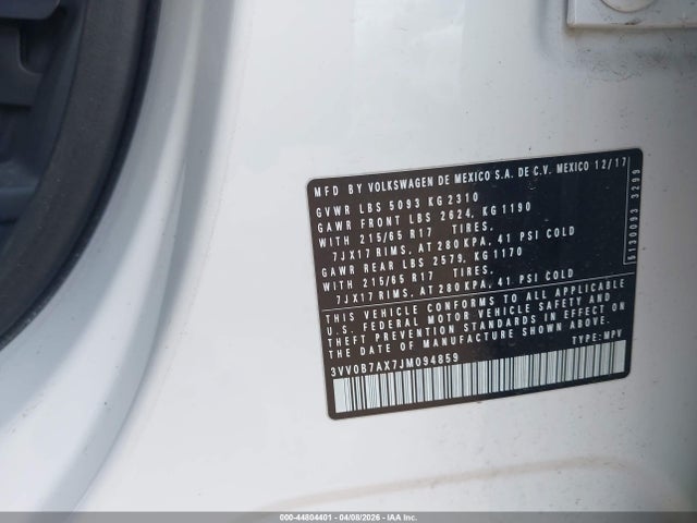 44804401 :رقم المزاد ، 3VV0B7AX7JM094859 vin ، 2018 Volkswagen Tiguan 2.0t S مزاد بيع