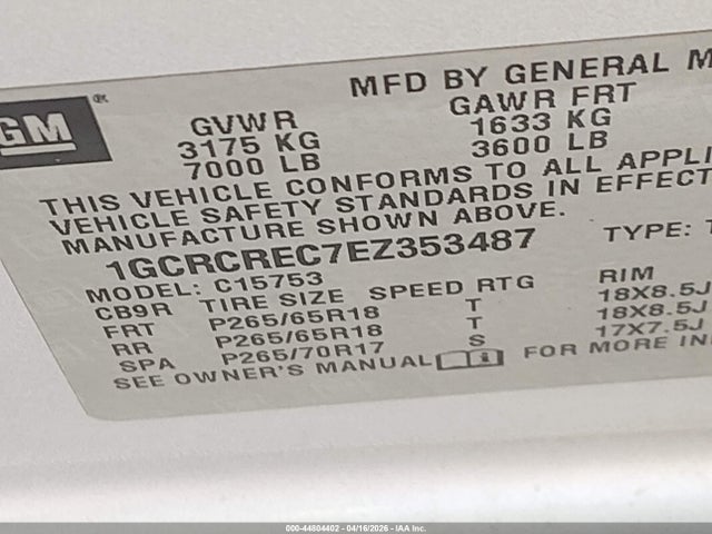 1GCRCREC7EZ353487 Chevrolet Silverado 1500 2lt