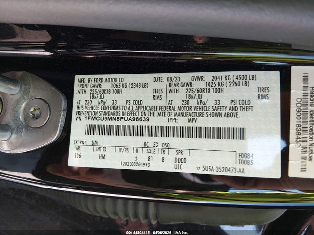 44804415 :رقم المزاد ، 1FMCU9MN8PUA98639 vin ، 2023 Ford Escape St-line مزاد بيع
