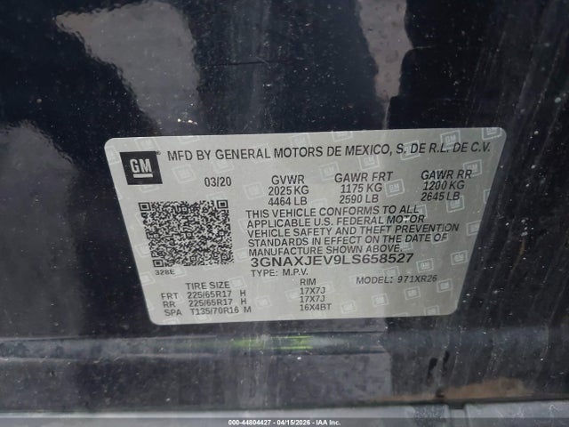 44804427 :رقم المزاد ، 3GNAXJEV9LS658527 vin ، 2020 Chevrolet Equinox Fwd 2fl مزاد بيع