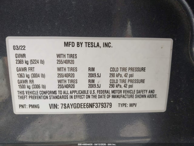 Продаж на аукціоні авто 2022 Tesla Model Y Long Range Dual Motor All-wheel Drive, vin: 7SAYGDEE6NF379379, номер лоту: 44804430