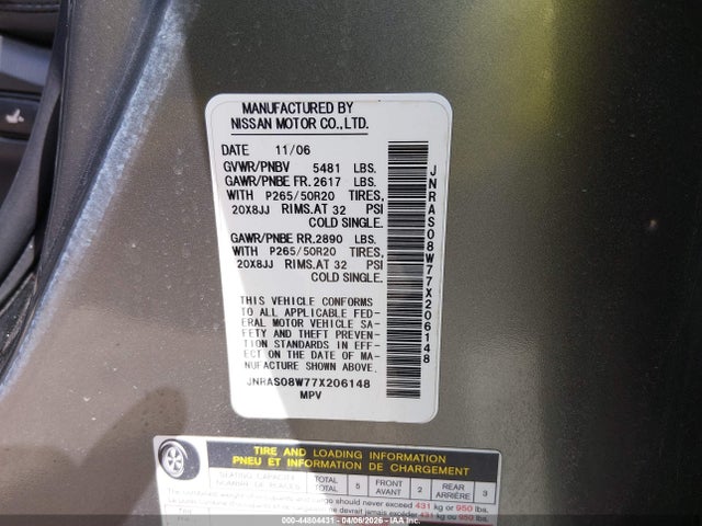 Aukcja sprzedaży 2007 Infiniti Fx35, vin: JNRAS08W77X206148, numer aukcji: 44804431