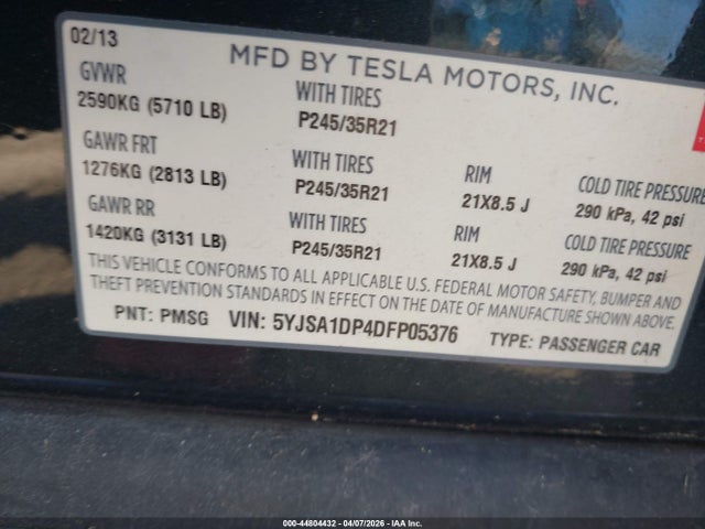 Aukcja sprzedaży 2013 Tesla Model S Performance, vin: 5YJSA1DP4DFP05376, numer aukcji: 44804432