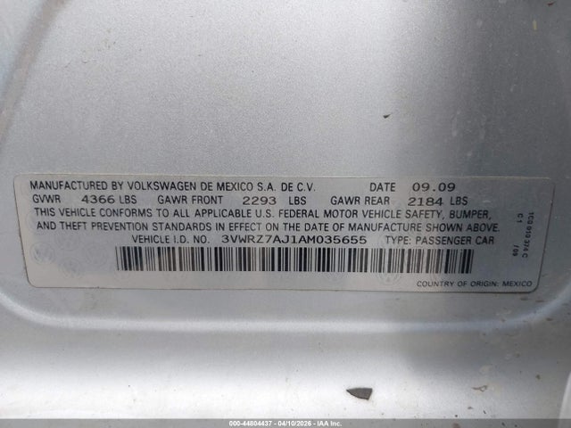 44804437 :رقم المزاد ، 3VWRZ7AJ1AM035655 vin ، 2010 Volkswagen Jetta Se مزاد بيع