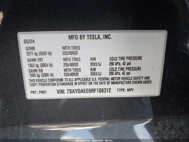 Продажа на аукционе авто 2024 Tesla Model Y Long Range Dual Motor All-wheel Drive, vin: 7SAYGAEE6RF108312, номер лота: 44804438
