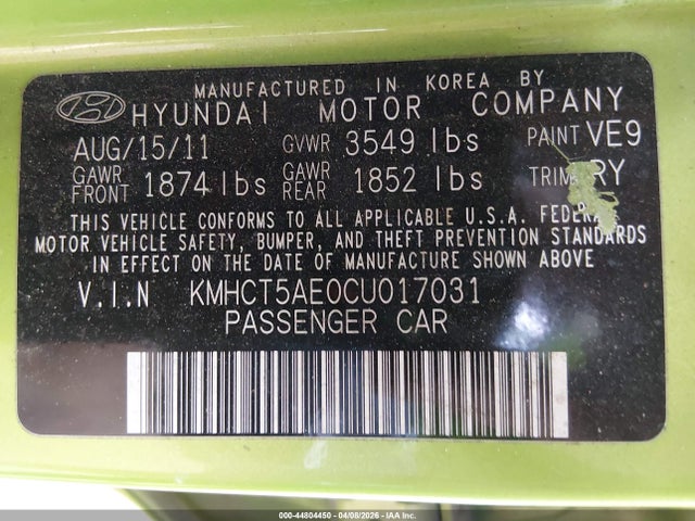 Продажа на аукционе авто 2012 Hyundai Accent Gs, vin: KMHCT5AE0CU017031, номер лота: 44804450