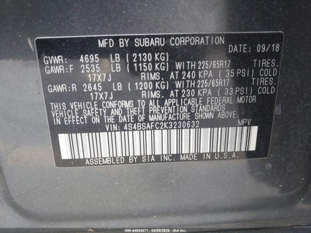 Продаж на аукціоні авто 2019 Subaru Outback 2.5i Premium, vin: 4S4BSAFC2K3230632, номер лоту: 44804471