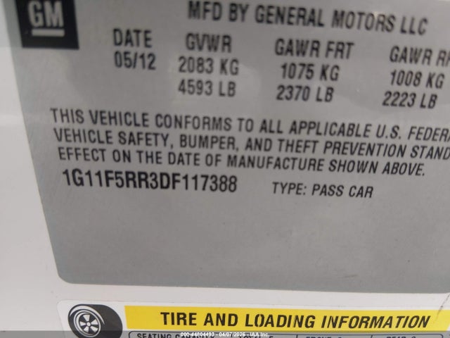 2013 Chevrolet Malibu Eco Premium Audio მანქანა იყიდება აუქციონზე, vin: 1G11F5RR3DF117388, აუქციონის ნომერი: 44804493