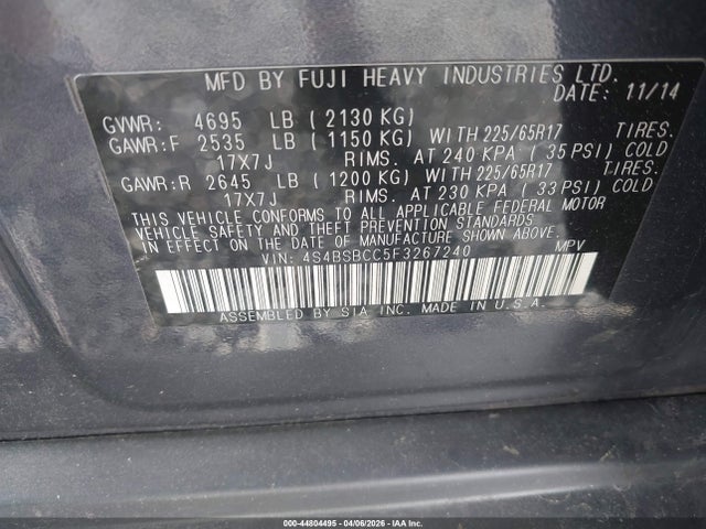 2015 Subaru Outback 2.5i Premium მანქანა იყიდება აუქციონზე, vin: 4S4BSBCC5F3267240, აუქციონის ნომერი: 44804495