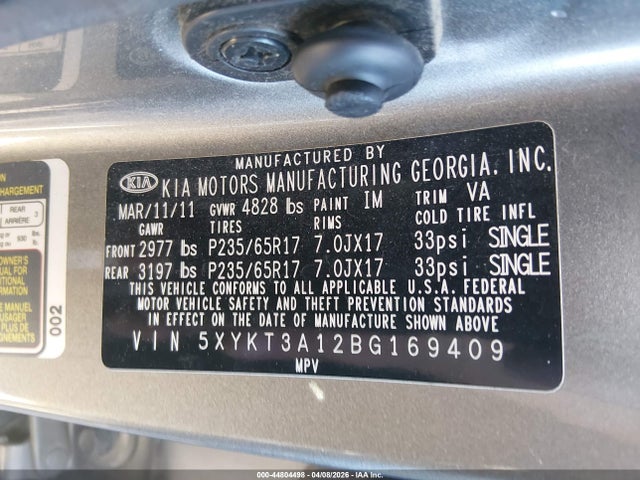 Продаж на аукціоні авто 2011 Kia Sorento Lx, vin: 5XYKT3A12BG169409, номер лоту: 44804498
