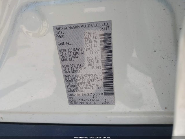 44804510 :رقم المزاد ، 5N1AT2MT7HC875318 vin ، 2017 Nissan Rogue Sv مزاد بيع