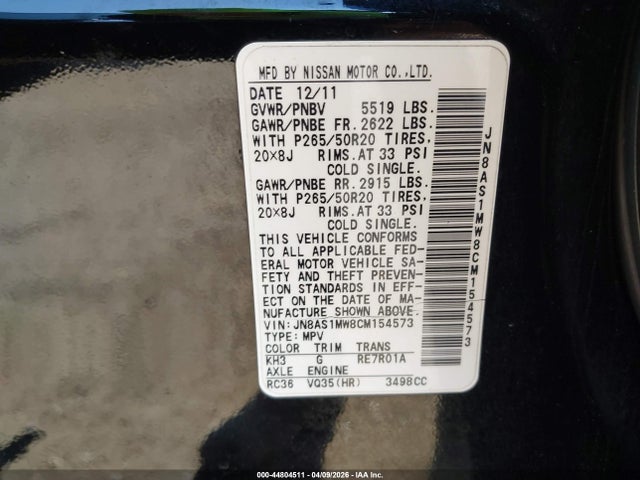 44804511 :رقم المزاد ، JN8AS1MW8CM154573 vin ، 2012 Infiniti Fx35 مزاد بيع