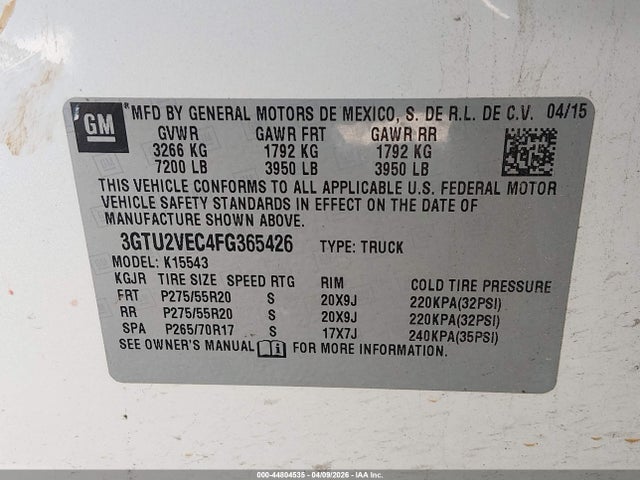 Aukcja sprzedaży 2015 Gmc Sierra 1500 Slt, vin: 3GTU2VEC4FG365426, numer aukcji: 44804535