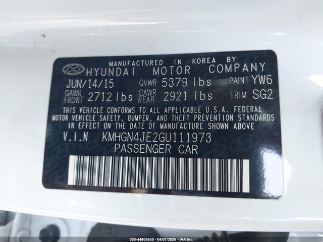 Продаж на аукціоні авто 2016 Hyundai Genesis 3.8, vin: KMHGN4JE2GU111973, номер лоту: 44804540