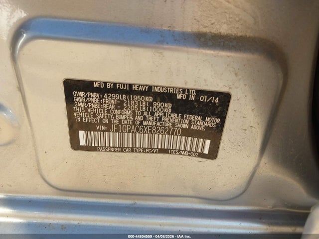 Auction sale of the 2014 Subaru Impreza 2.0i Premium, vin: JF1GPAC6XE8262770, lot number: 44804559