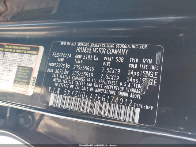 2014 Hyundai Santa Fe Sport 2.0l Turbo მანქანა იყიდება აუქციონზე, vin: 5XYZUDLA7EG174012, აუქციონის ნომერი: 44804567