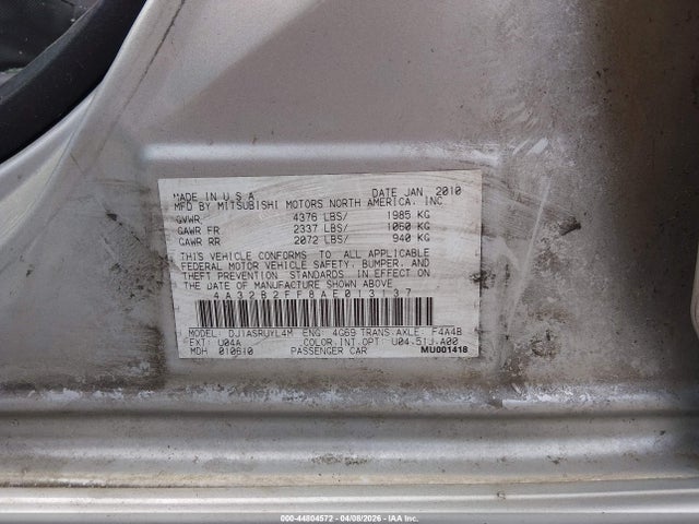 2010 Mitsubishi Galant Fe მანქანა იყიდება აუქციონზე, vin: 4A32B2FF8AE013137, აუქციონის ნომერი: 44804572