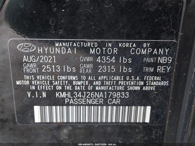 2022 Hyundai Sonata Limited მანქანა იყიდება აუქციონზე, vin: KMHL34J26NA179833, აუქციონის ნომერი: 44804573
